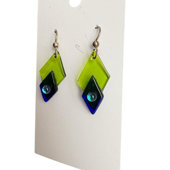 Green and Blue Glass Dangle Earrings - Picture 3 of 3